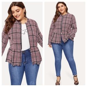 Shein Peplum Frayed Pink/Black/White Multicolor Tweed Zip Jacket Size OXL